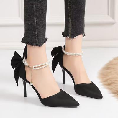 Мода 2025 Новые Женские Босоножки на Тонком Каблуке с Пустотами Женские Жемчужные Туфли-Лодочки на Высоком Каблуке с Острым Носком и Бабочкой Женская Обувь для Платья Свадебная Обувь