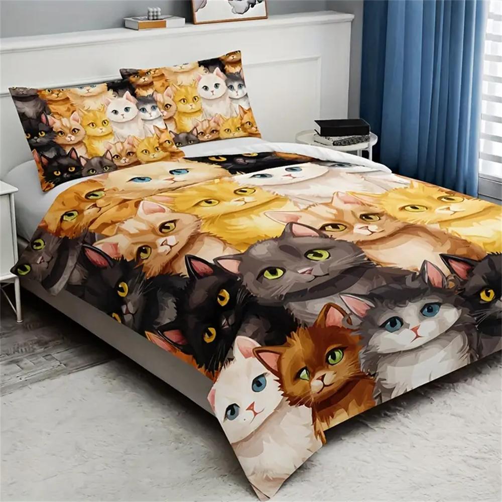 Комплект постельного белья с милым мультяшным котенком на все сезоны, мягкий, удобный и дышащий пододеяльник 1*пододеяльник + 2*наволочки