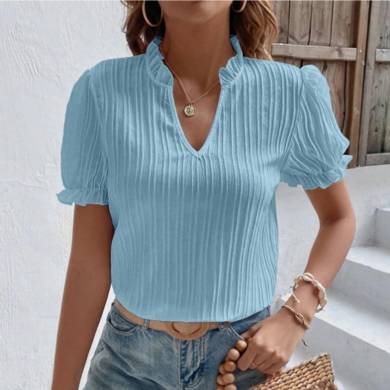 2023 летняя белая рубашка с коротким рукавом, женская винтажная однотонная свободная рубашка с v-образным вырезом, повседневная элегантная кружевная блузка, модная одежда 28006