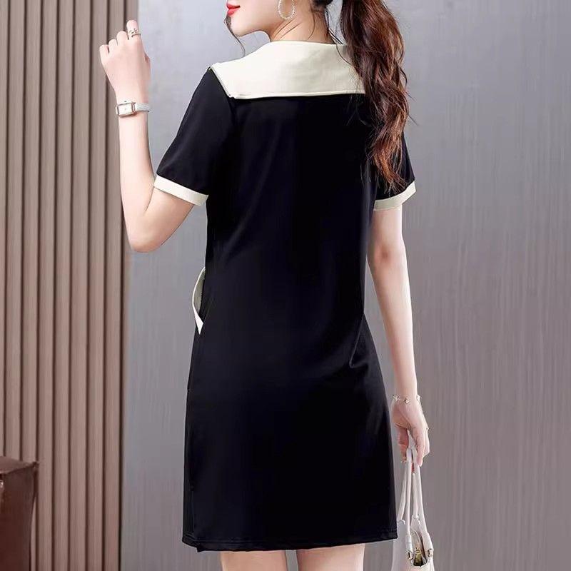 Летнее миди-платье с матросским воротником, на молнии, с коротким рукавом, женская одежда, повседневное, с карманами, пэчворк, базовое, однотонное, А-силуэта