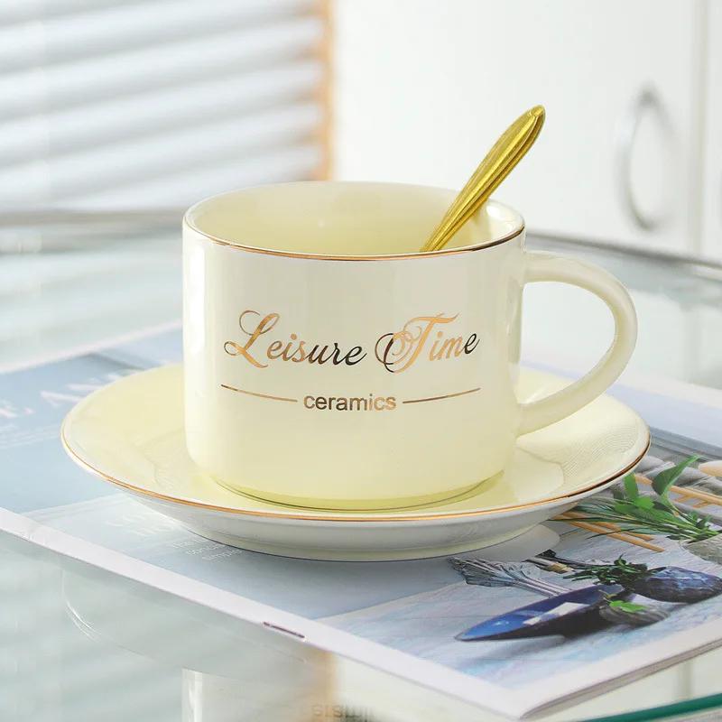 Керамическая кружка в скандинавском стиле с блюдцем и ложкой, набор золотых кружек в английском стиле для кофе, латте, завтрака, чая с молоком, чашки для напитков, подарки