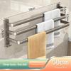 Gunmetal Gray Punch-Free Space Aluminum Towel Rack with Double Rods for Bathroom Storage.