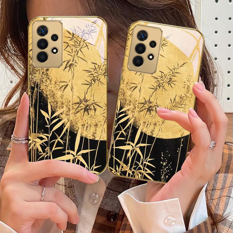 Пейзаж кипарисового леса Для Samsung A73 A72 A71 A42 A56 A55 A54 A53 A52s A52 A51 A36 A35 A34 A33 A32 A16 Золотой стеклянный чехол для телефона
