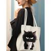 Women Canvas Shoulder Bag Coffe Black Cat Print Large Capacity Shopping Bags for Lady Cartoon Animal Grocery Tote Bag Handbags