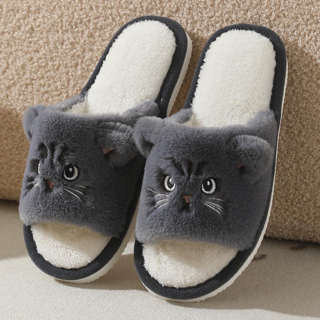 Women's Plush Cat Slippers with Cute Cartoon Kitty Face Design - Soft Fabric Upper- All-Season House Shoes for Home, House Slippers