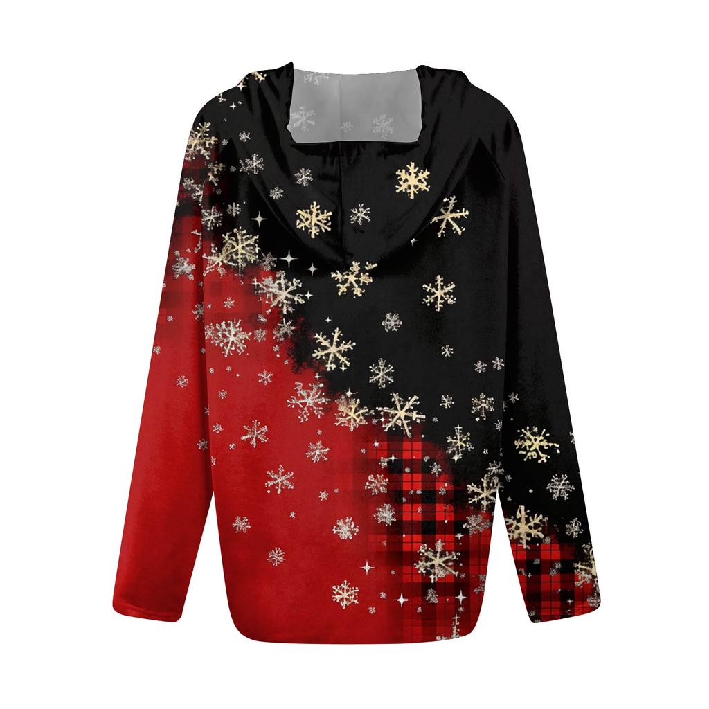 Women's Fashion Christmas Print Casual Zip-Up Long-Sleeved Hooded Jacket