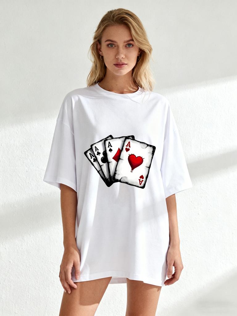 Футболка оверсайз черная с принтом игральных карт «Четыре туза» повседневный уличный стиль модный топ для женщин летний наряд