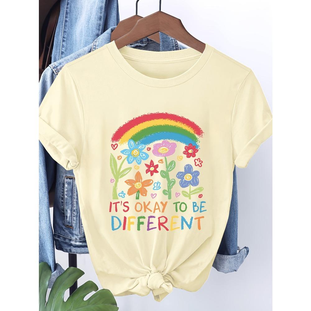 Женская футболка с коротким рукавом Радужный цветочный принт Буквы "It's Okay To Be Different" Летний повседневный топ с круглым вырезом