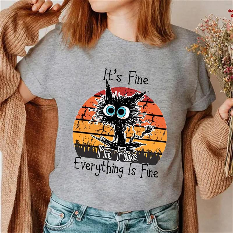 It's Fine, I'm Fine, все прекрасно, женские модные футболки с принтом, футболки с забавным принтом кота, женские футболки, женские футболки