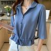 WTEMPO Spring Summer Women's Versatile Solid Color Turn-down Collar Half Sleeve Chiffon Shirts Casual Shirring Single-breasted Blouses