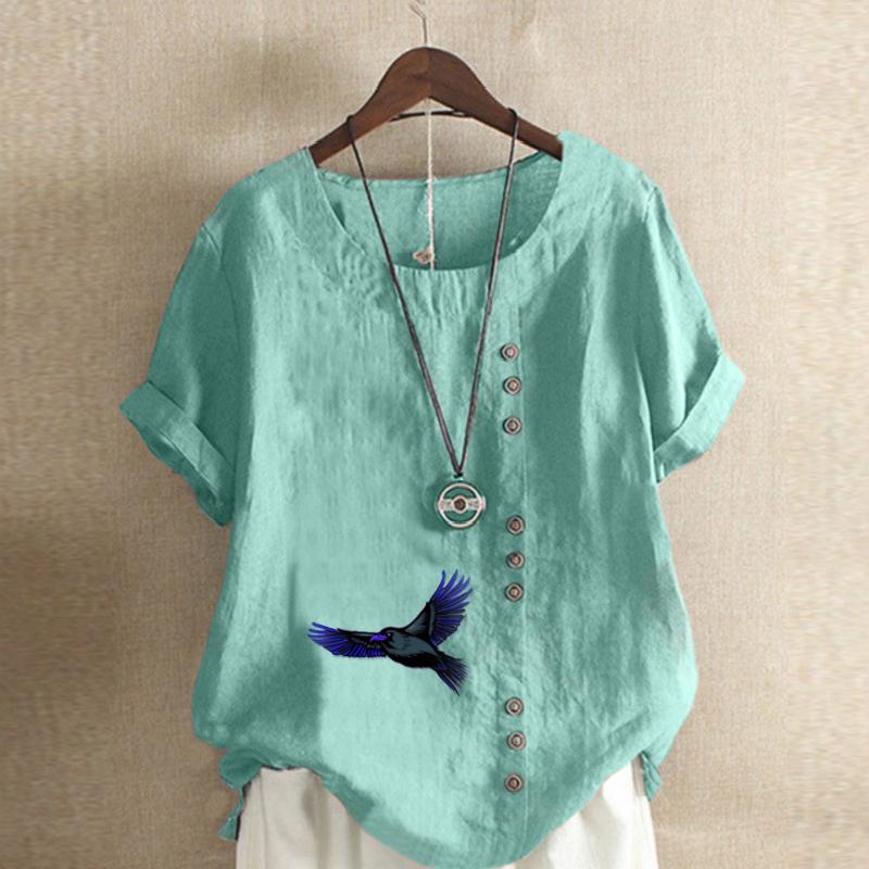 Женская модная футболка с круглым вырезом и коротким рукавом, повседневная хлопковая футболка с графическим принтом, летняя блузка топы для отдыха, свободного кроя, с принтом вороны