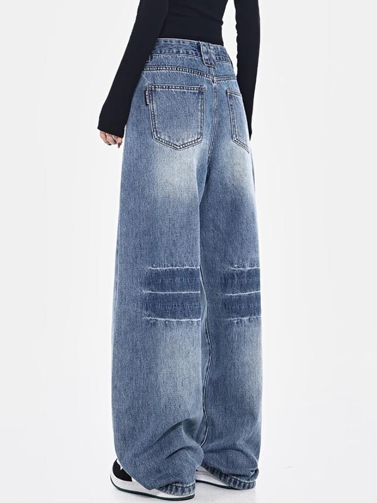 90-е годы Синие джинсы High Street Loose Женские американские винтажные широкие брюки с эффектом потертости Брюки Базовые простые повседневные модные мешковатые брюки