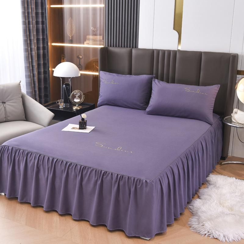 Solid Color New Light Luxury Simple Embroidered Single Bed Skirt Bed Sheet Non-slip Bedspread Four Seasons Princess Style Single Piece