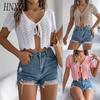 Summer Lace-up Cutout Short-sleeved Knitted Cardigan for Vacation Crop Protection Women's Wear