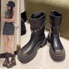 Fashion 2024 New Coarse Heel Belt Buckle Short Boots for Women, Thick Bottom Retro Western Cowboy Boots, Motorcycle Boots