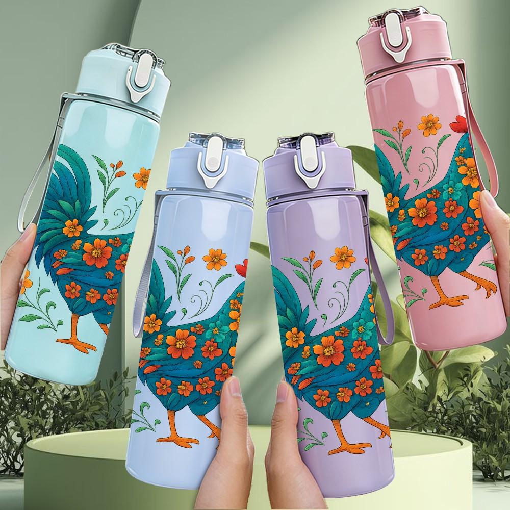 1PC Folk Colorful Rooster Print 750ml Color Plastic Sports Water Bottle Leakproof Flip Straw Lid Suitable for Sports Office Home Use