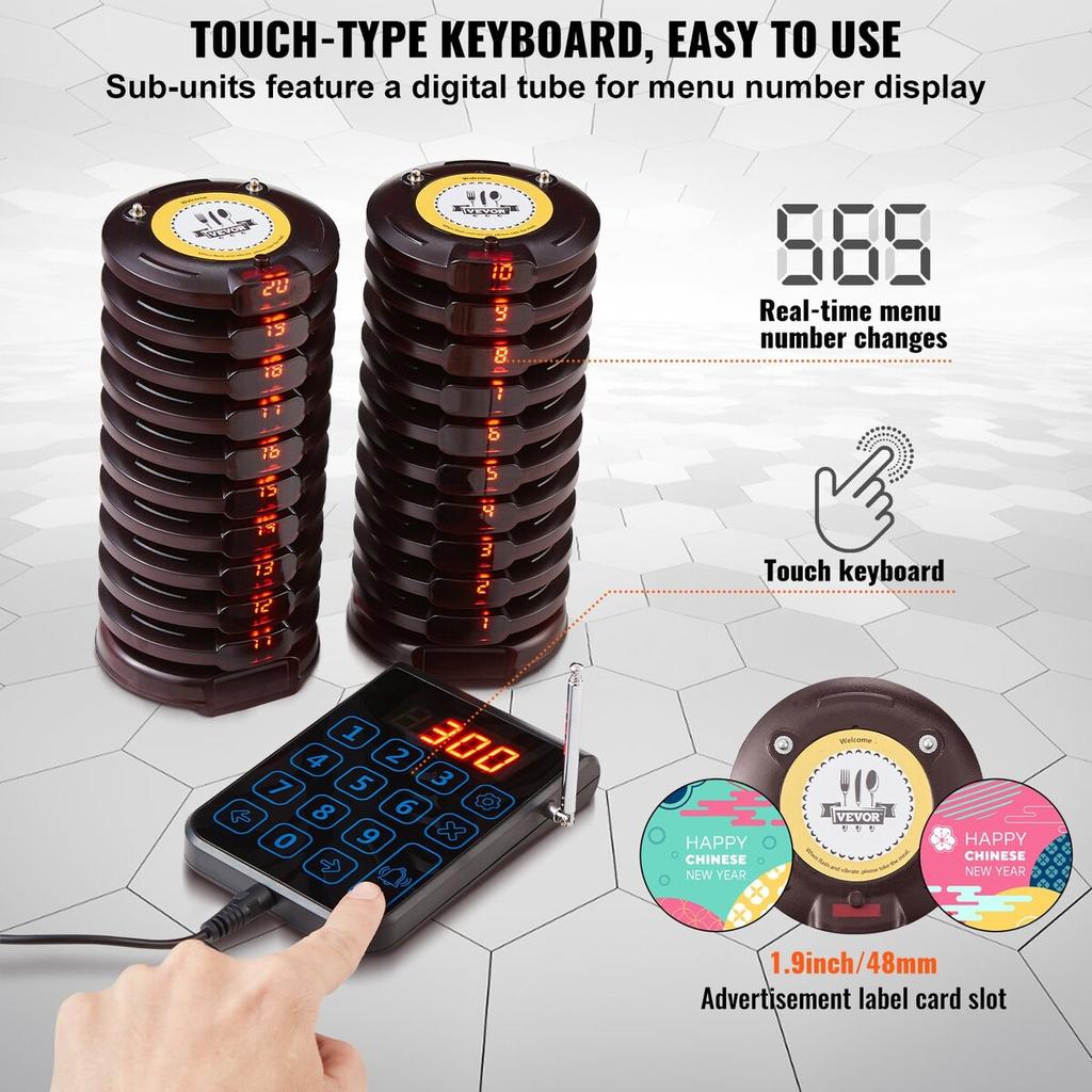 Restaurant Pager System, Wireless 500m Long Range Lineup Waiting Queue Signal, Guest Customer Calling Beepers with Vibration & Flashing, 20 Buzzers