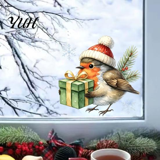 Decorative Window Stickers for Home Christmas Bird Static Clings, PVC Waterproof Decals with Santa Hat And Creative Gifts Lovers Gift Box, Removable