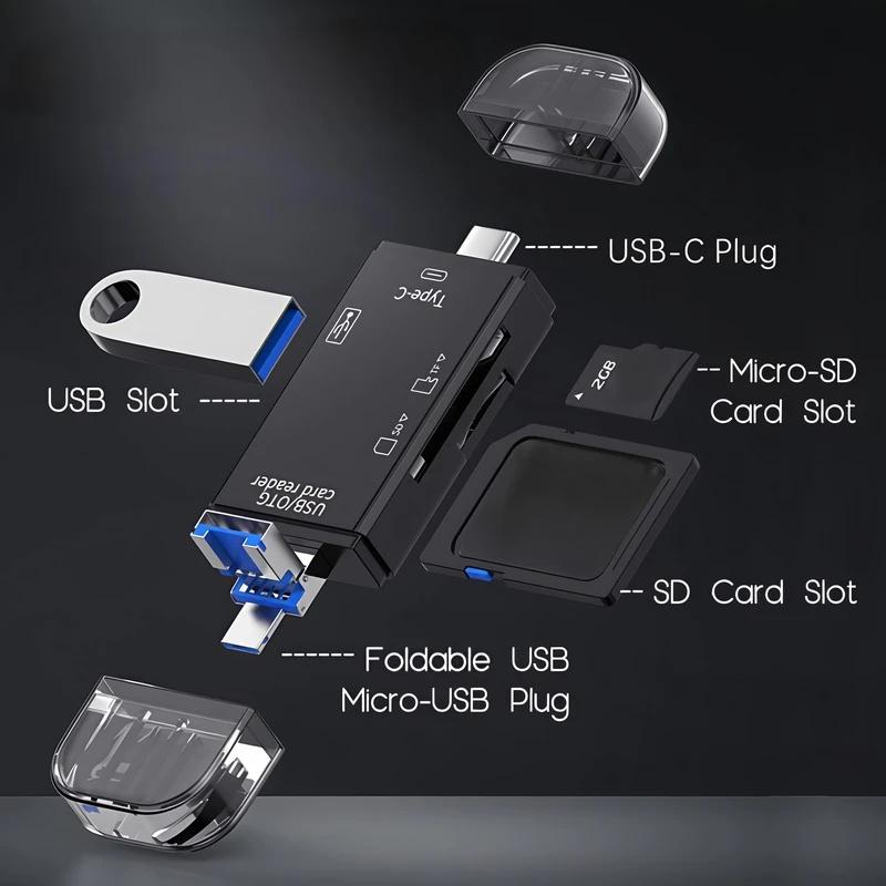 6-in-1 Type-C USB Card Reader, Flip Cover to Micro Adapter for Smartphones and Computers, USB2.0 OTG Card, with A and C Types