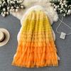 Gradient Color Irregular Mesh Skirt Women's Medium Long Cake Skirt Puffy High Waist A-Line Fairy Saree