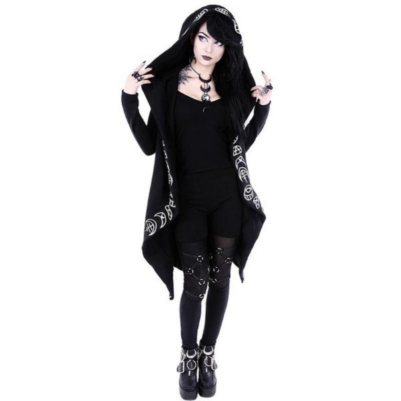 Spring and Autumn Women's Punk Style Moon Pattern Long Sleeve Long Cardigan Hoodie