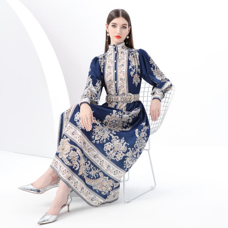 Весна-лето Женские платья больших размеров с винтажным дворцовым принтом, однобортные, длинные, макси, свободные, для праздников, с поясом