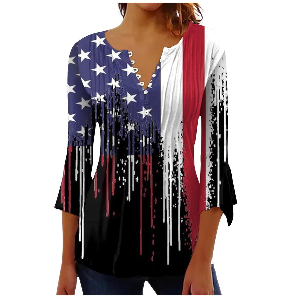 Женская модная футболка с короткими рукавами и v-образным вырезом с принтом ко Дню независимости с седьмым рукавом