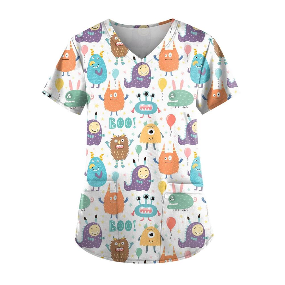 Женская одежда с мультяшным 3D-принтом и V-образным вырезом, женская рабочая одежда, топы с коротким рукавом и карманами, униформа для сиделок и медсестер