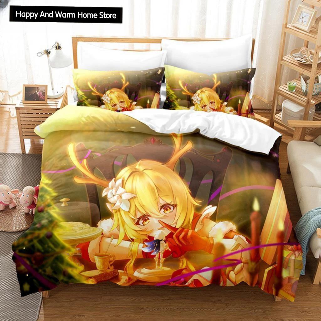 3D-принт аниме Genshin Impact Lumine пододеяльник мультфильм девочка постельное белье комплект двуспальная кровать комплект для настройки домашний текстиль