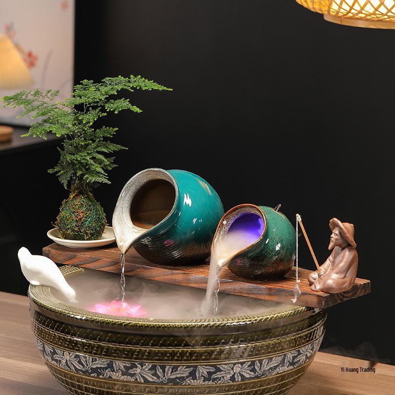 Ancient Method Fish Ecosystem: Flowing Water Pottery Jar with Open Circulation for Creative Landscaping and Balcony Décor.