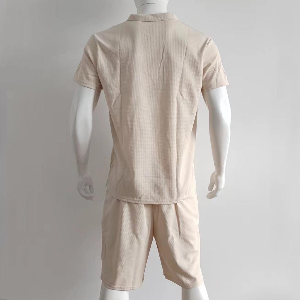 Summer Autumn Men's Polo Neck Waffle Shorts Suit Casual T Shirt Sports Short Sleeve Two-piece Set Trendy Brand