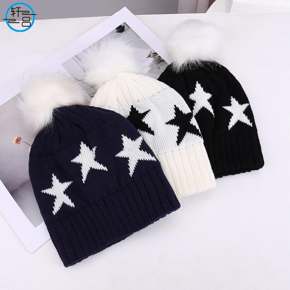 Winter fashion warm five-pointed star hairball decorative knitted hat outdoor travel comfortable versatile wool hat