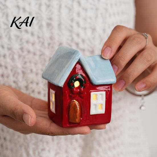 Hand Painted Ceramic Houses Christmas House Figurine, Glowing Window & Chimneys Holiday Decor, Lighted Village Accessories Miniature Tabletop Ornament