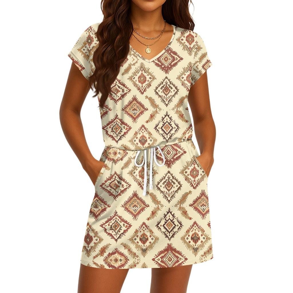 Women's Summer V-Neck Casual Short Sleeve Drawstring With Pocket Vintage Floral Dresses
