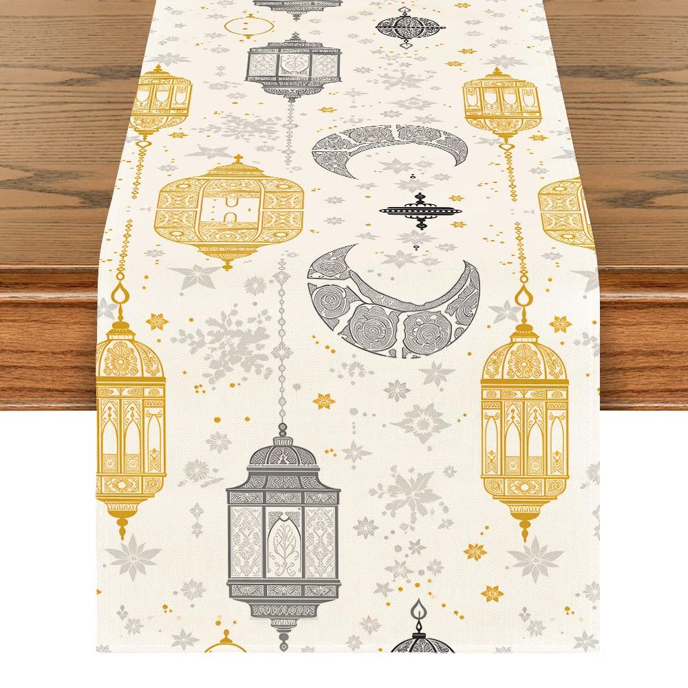 Vintage Moon Star Table Runner Washable Dinner Table Cloth Ramadan Table Runner Kitchen