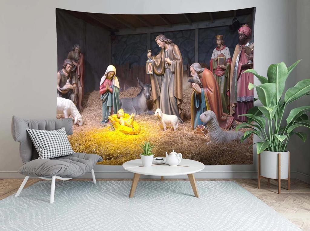 Loccor Chritmas Nativity Scene Tapestry 80x60 Inch Manger Scene Birth of Baby Jesus Tapestry Wall Hanging Christian Reli