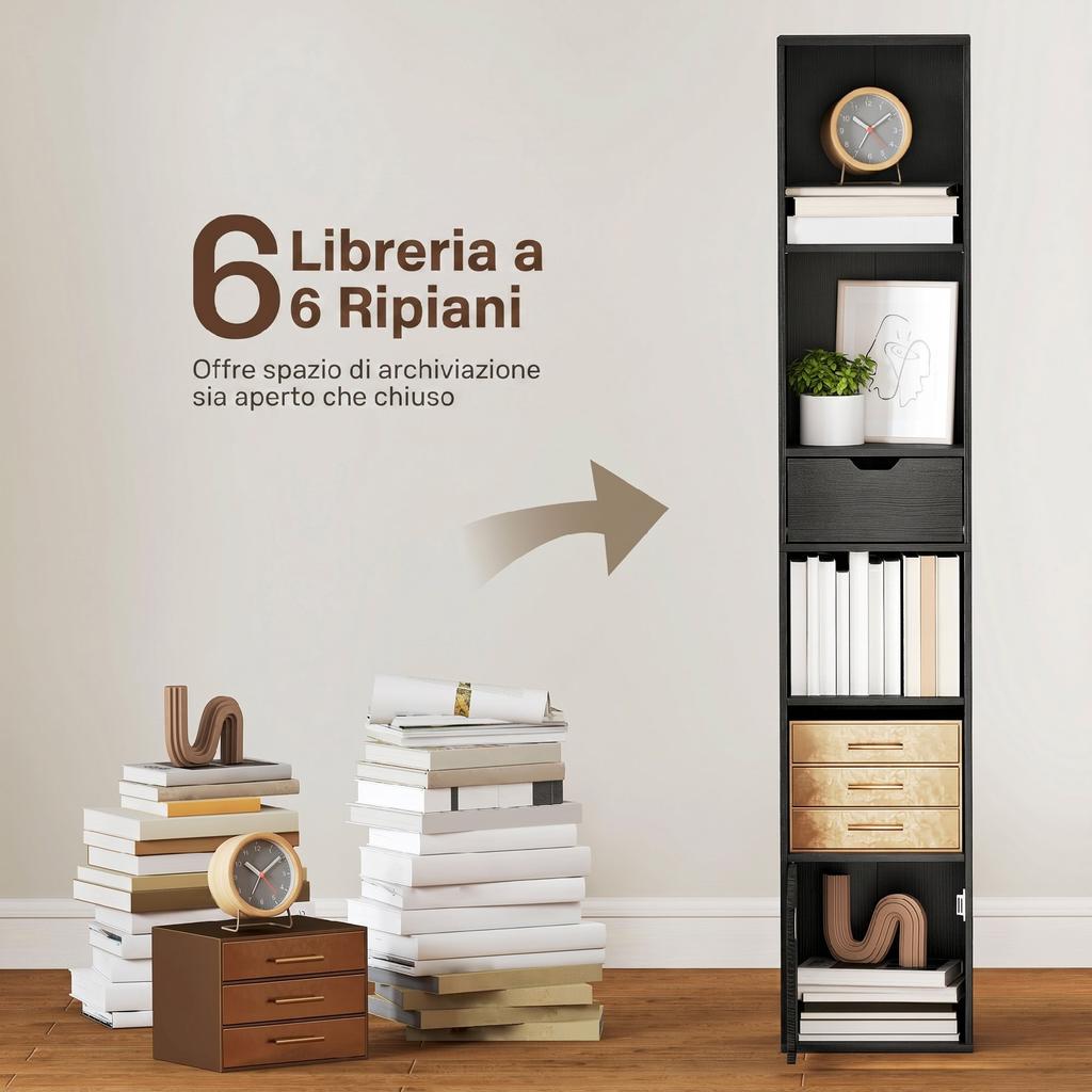 4-Tier Open Bookshelf with Cabinet and Drawer. 30x24x158cm. Black