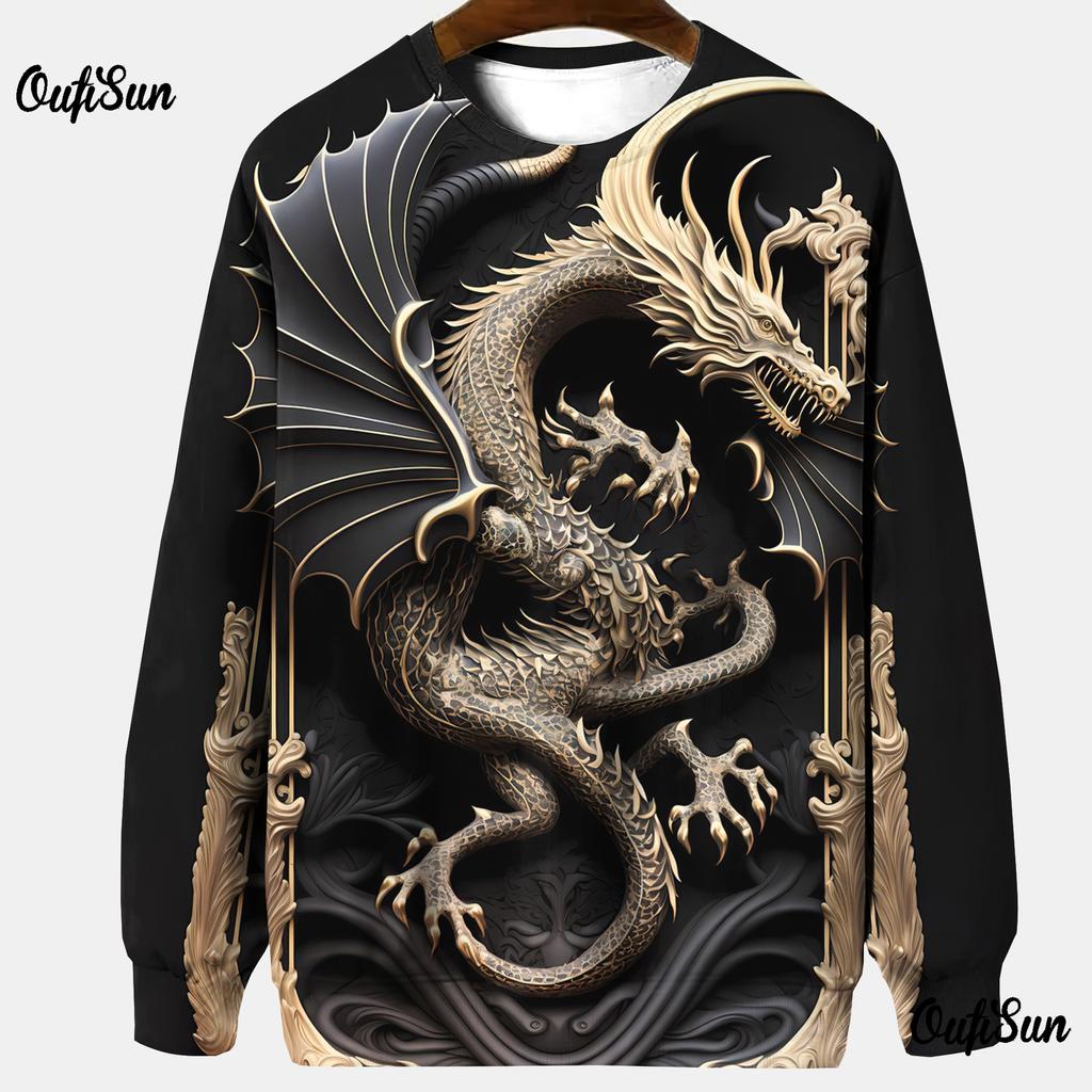 Толстовки с животными для мужчин Толстовка без шапки Футболки с рисунком дракона 3D-печать Мужская одежда больших размеров Топы Толстовка-пуловер
