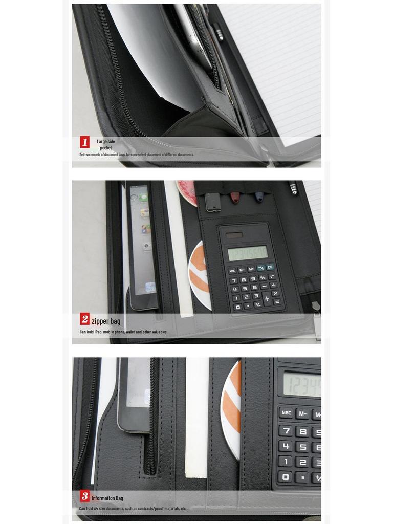 A4 PU Leather Business Folder with Calculator and Zipper