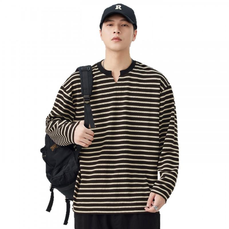 Striped Long Sleeve T-Shirt Unisex Oversized Crew Neck Cotton Tee Fall Daily Wear