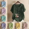 Women's Fashion Round Neck Short Sleeve T-shirt Casual Cotton Linen Graphic Shirt Flowers Prined Summer Blouse Tops