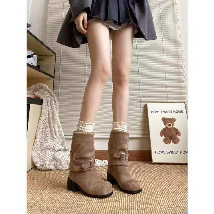 Весенние и осенние классические ковбойские ботинки женские грубые длинные ботинки показывают ноги тонкие и удобные штабелируемые ботинки