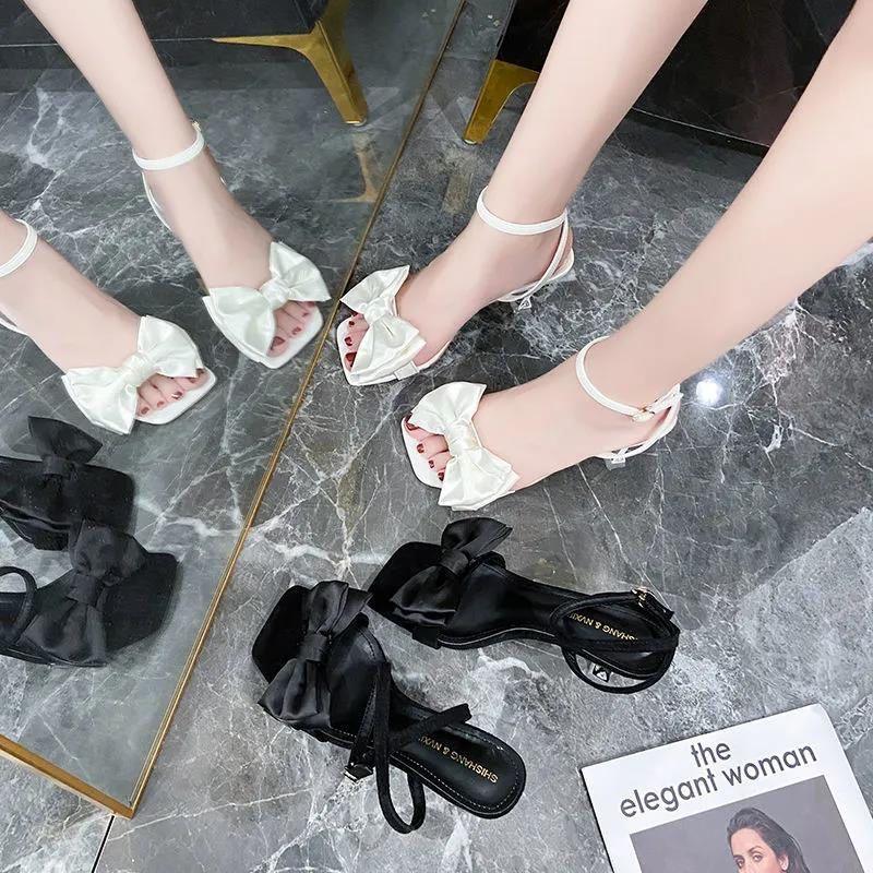 Bow stiletto high heels female 2025 new girl hollow word with versatile open-toed sandals fairy summer