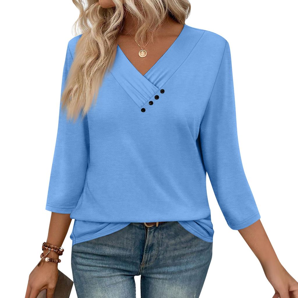 Womens 3/4 Sleeve Daily Weekend V Neck Casual Printed Tshirts Loose Fit Pleated Tees Button Down Shirts