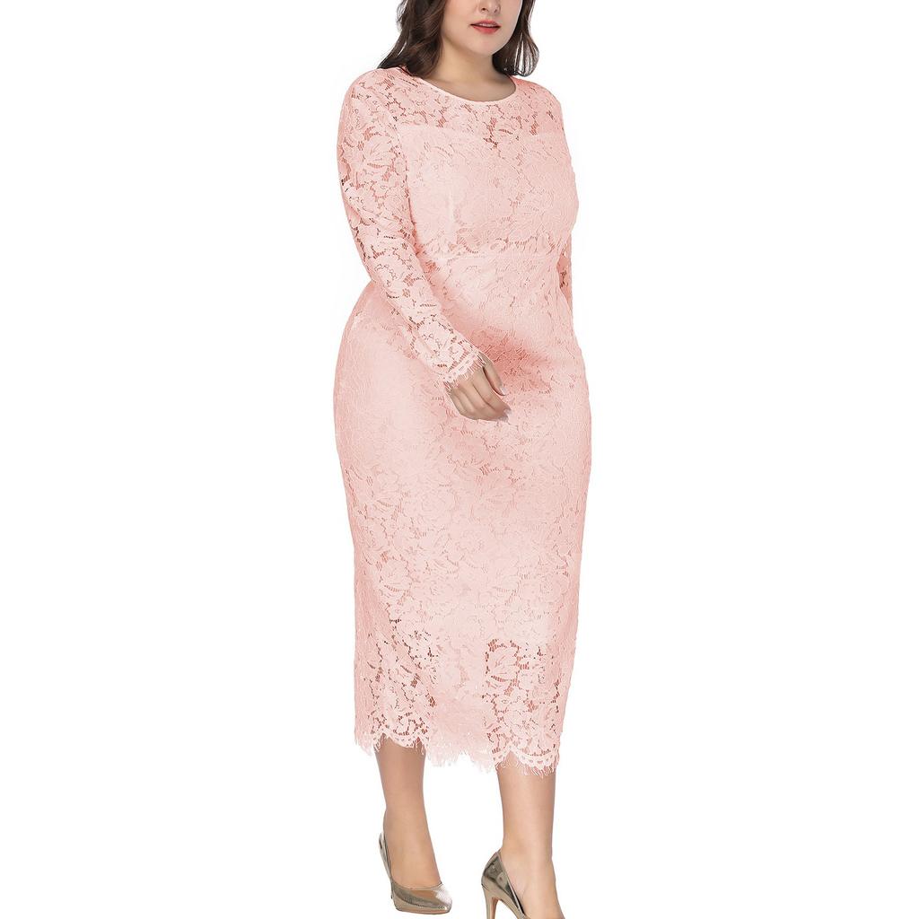 Women's Sexy Large Solid Lace Round Neck Evening Dress High Quality Dress