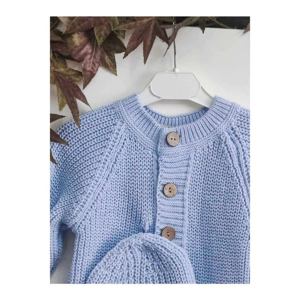 Buttoned Beige Thessaloniki Knitted Knitted Baby Jumpsuit With Hat