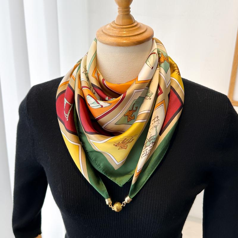 Magnetic Buckle Silk Neck Scarf: Triangle Design for Women, 70x70cm, Lightweight Spring/Summer/Autumn Accessory
