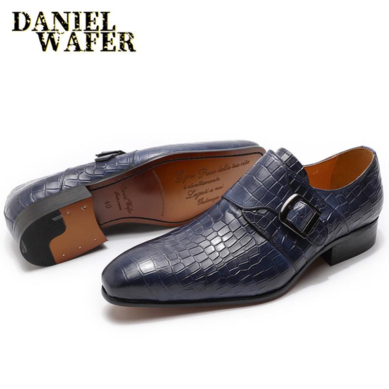Классические мужские туфли из натуральной кожи с ремешком-монком и пряжкой, с острым носком, свадебные, с узором под крокодила, деловые, формальные