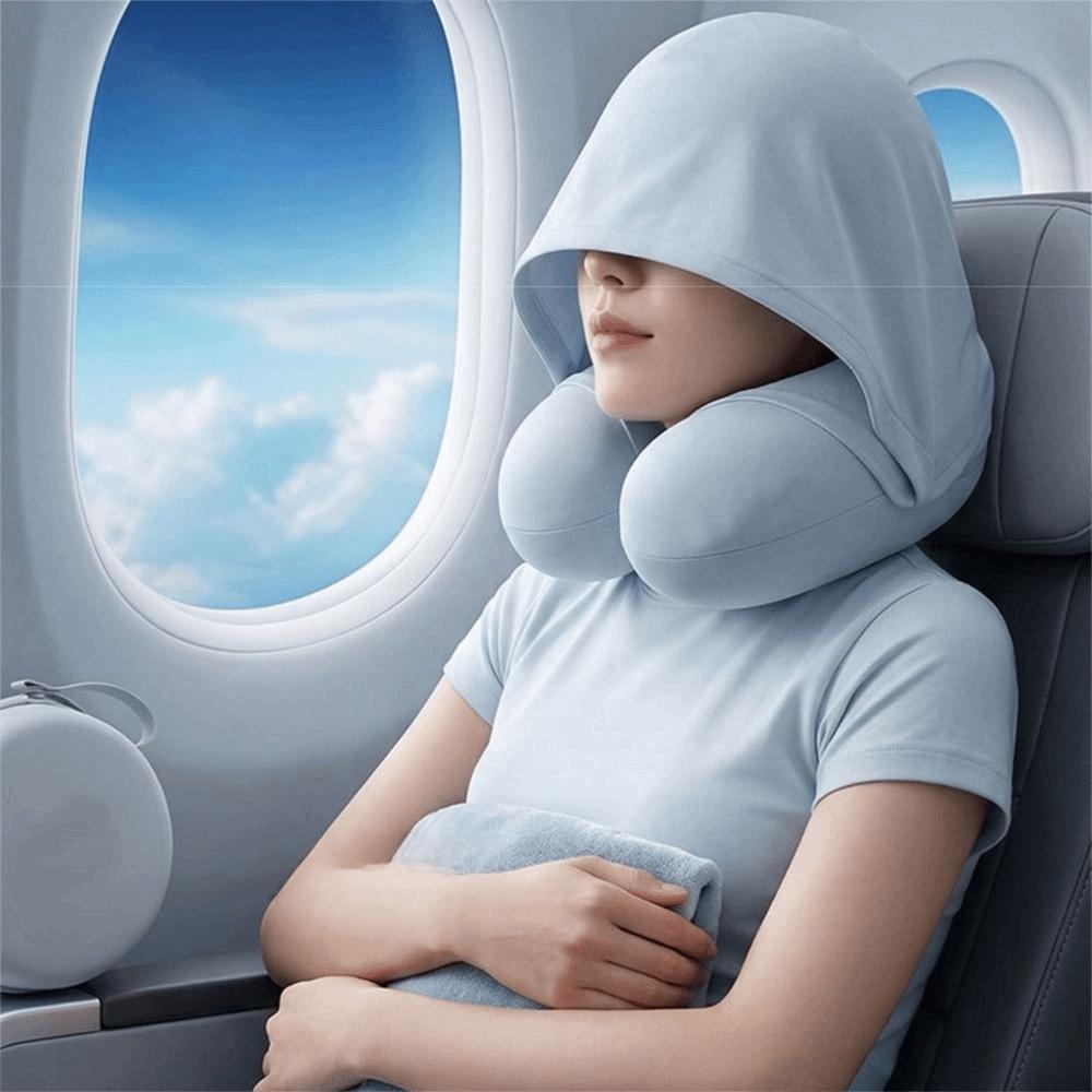 Foldable Design Hooded Travel Pillow Breathable Fabric Ice Silk Neck Rest Cushion Airplane Travel