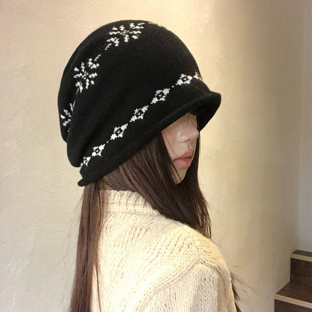 Curled Edge Fair Isle Style Beanies Warm Ear Protection Hat Casual Jacquard Knitted Hat Outdoor